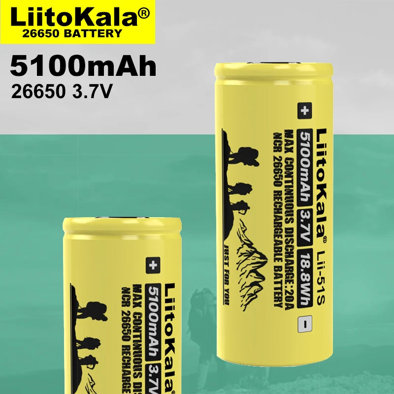 

Liitokala LII-51S 26650 20a bateria de lítio recarregável de alta corrente 26650a, 3.7v 5100ma. Adequado para Lanterna