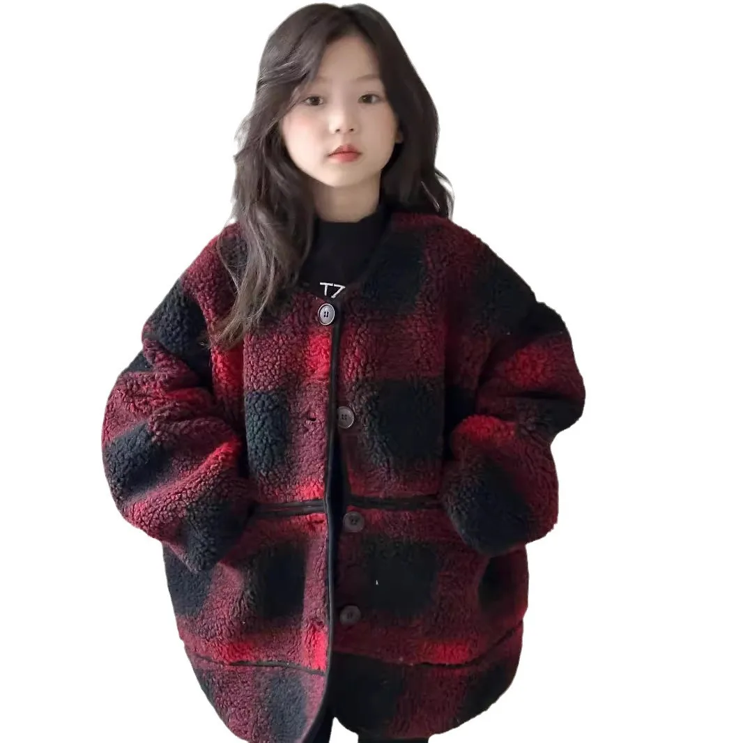 Зимняя красная клетчатая верхняя одежда для маленьких девочек пальто из