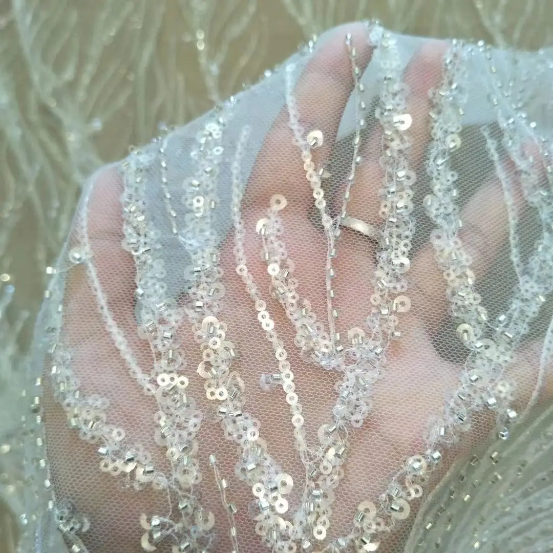 Необычная блестящая ткань для свадебного платья очень мягкая кружево с бусинами