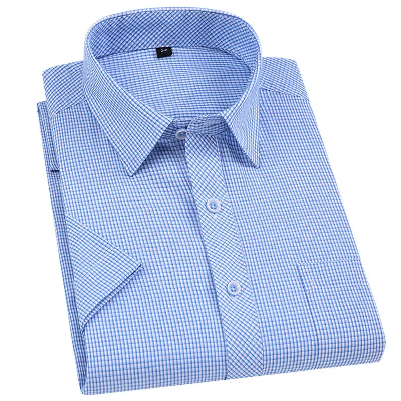 Мужская рубашка в клетку с короткими рукавами деловая полоску белая или синяя
