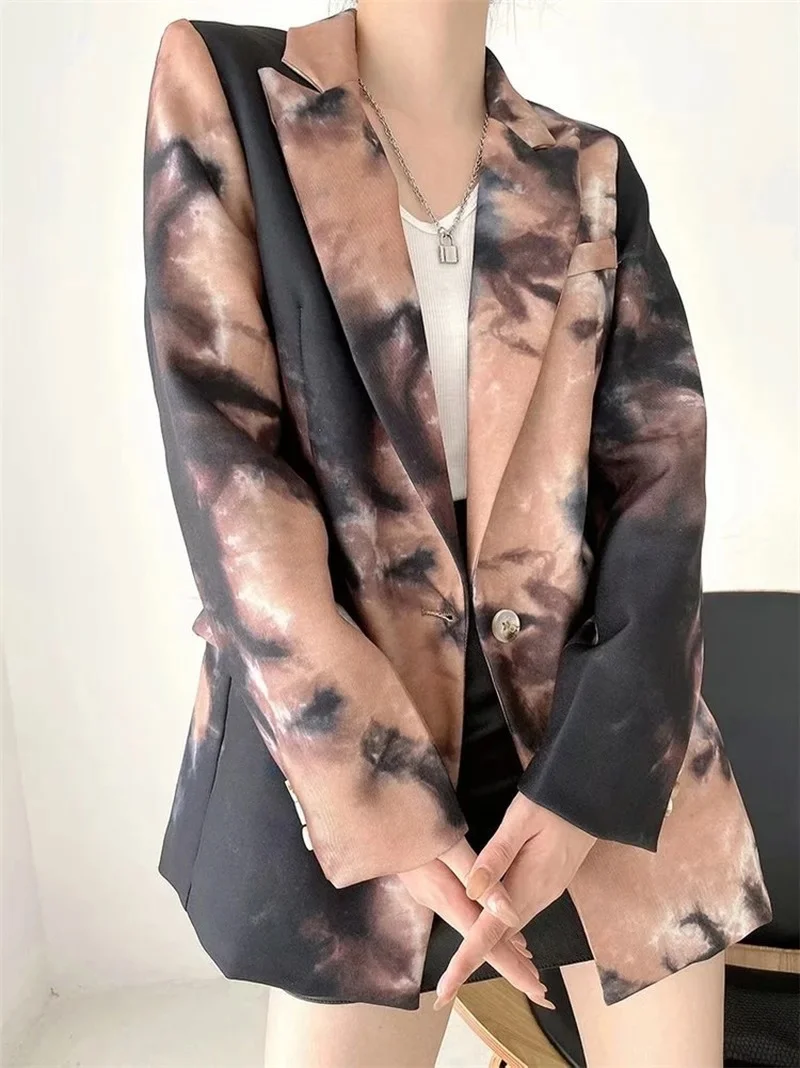 

Ink Printed Patchwork Blazer 2021 Women Vintage Single Button Mid-Length Casual Office Blazer Suit New Fashion Streetwear Simple