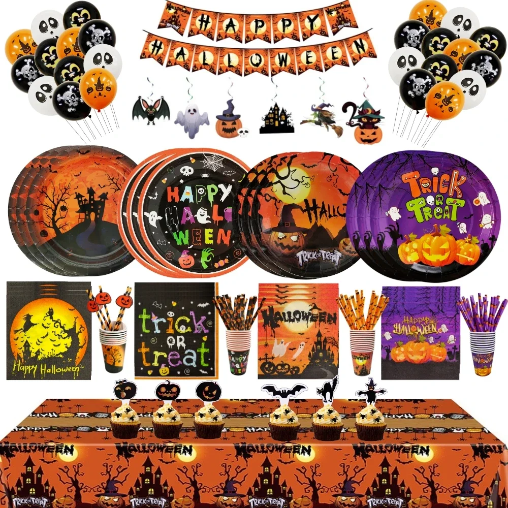 

Halloween Party Disposable Tableware Set Pumpkin Witch Paper Plates Cups Napkins Straws Kids Favor Happy Halloween Party Decor