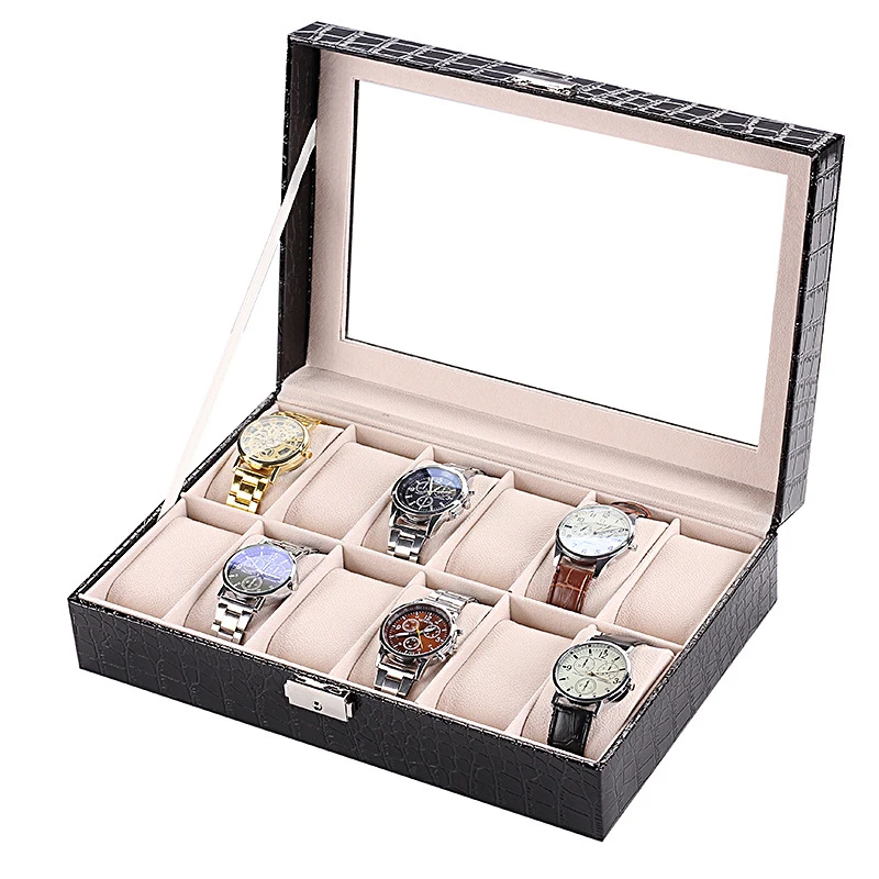 61012 Slots Wrist Watch Box Watch Holder Storage Case Organizer Black PU Leather Watch Display Box regalos para hombre 30x20x8cm