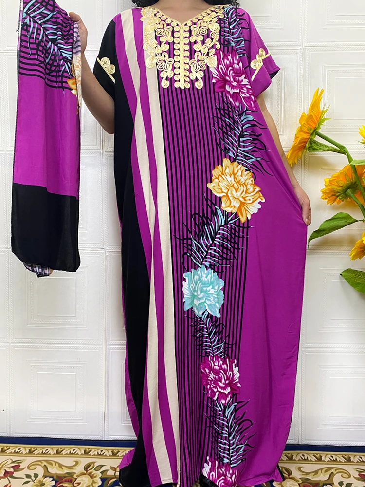 Abayas For Women Dubai 2022 With Hijabs Floral V- Neck African Dresses Kaftan Marocain Robe Femme Musulane Turban
