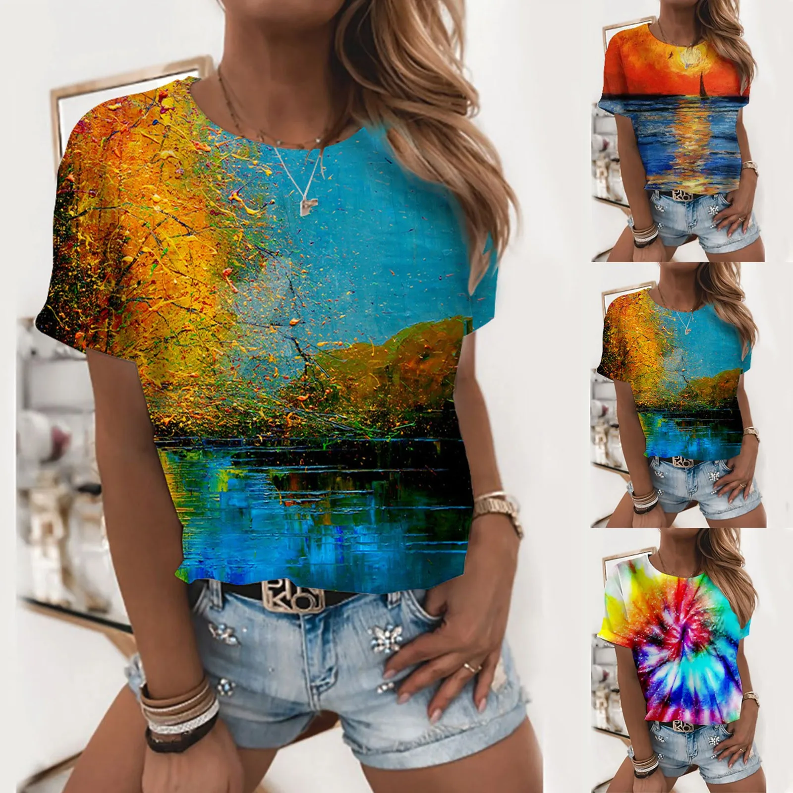 

Long Sleeve Casual T Shirt Women Cute Summer Tops For Women Tops O Neck Print Short Sleeve T Lace T Shirt for Women