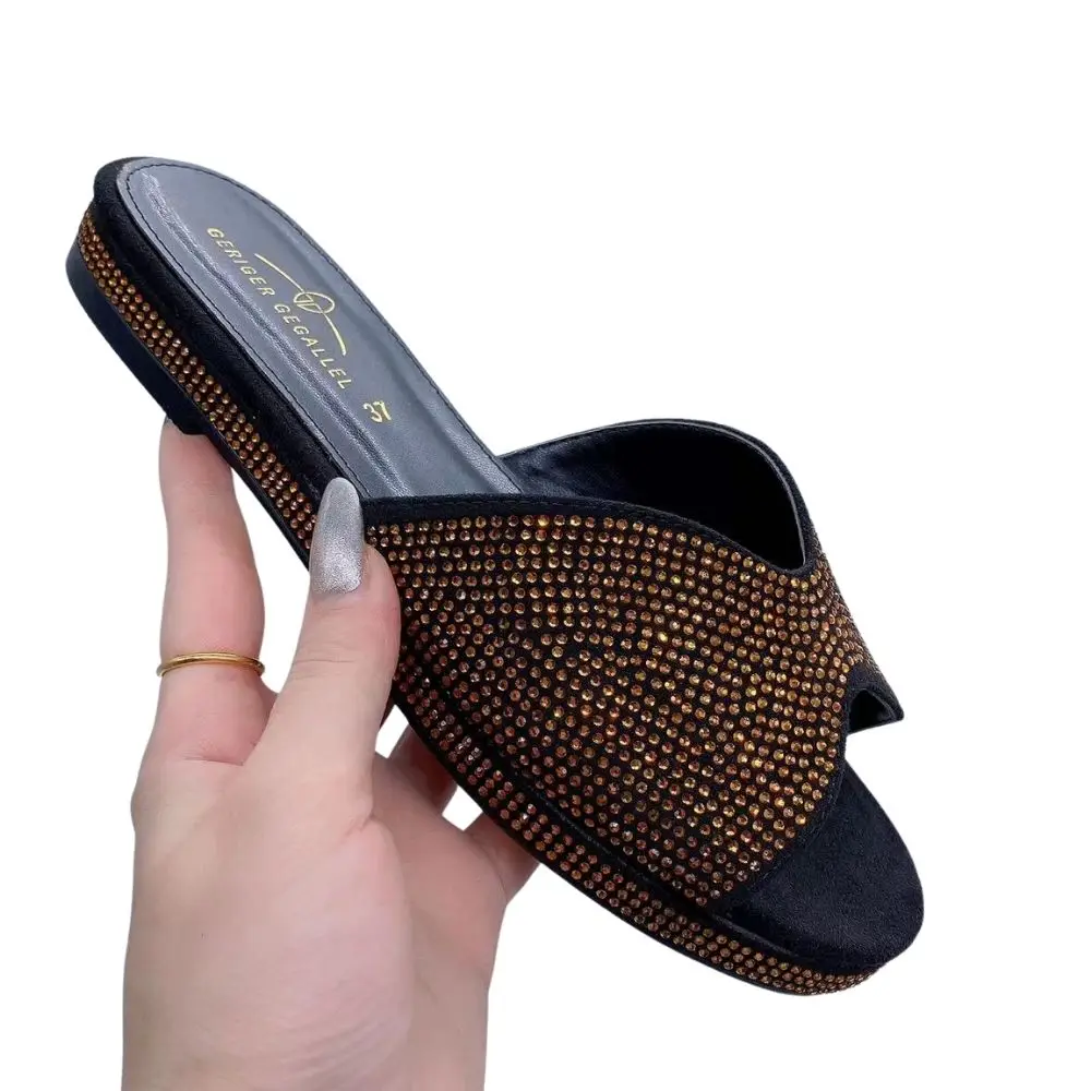 Blue Bling Bling Slides for Women 2023 New Classic Design Sandals Italian Style Lady Shoes Low Heel Summer Mules Comfy Sandals