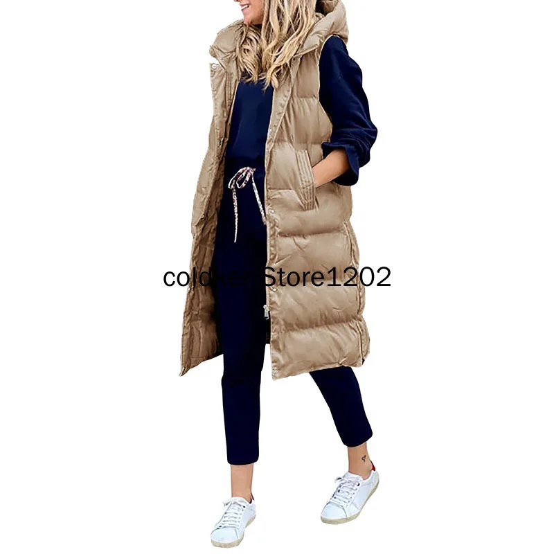 

Autumn Winter Fashion and Casual Vest Jackets Warm Outwear Solid Color Sleeveless Long Hooded Cotton Vest Coat for Women 2022