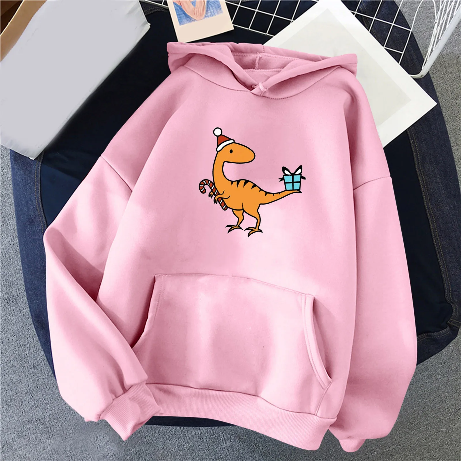 

Peach Color Womens Sweater Women Autumn And Winter Casual Solid Color Christmas Dinosaur Print Hoodie Plain Hoodies