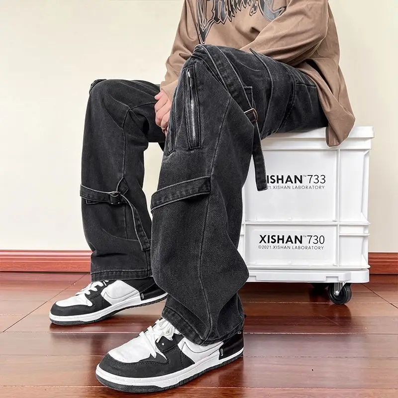 DEEPTOWN Ribbon Cargo Jeans Men Loose Straight Denim Pants Streetwear Fashion Design Hip Hop Casual Trousers Male Black Spring