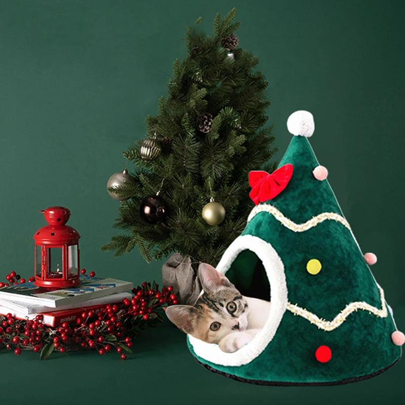 

Pet Cat Bed House Christmas Tree Shape Cat Nest Puppy Cave Sleeping Bed Tent For New Year Small Dog Cushion Mat Accessories