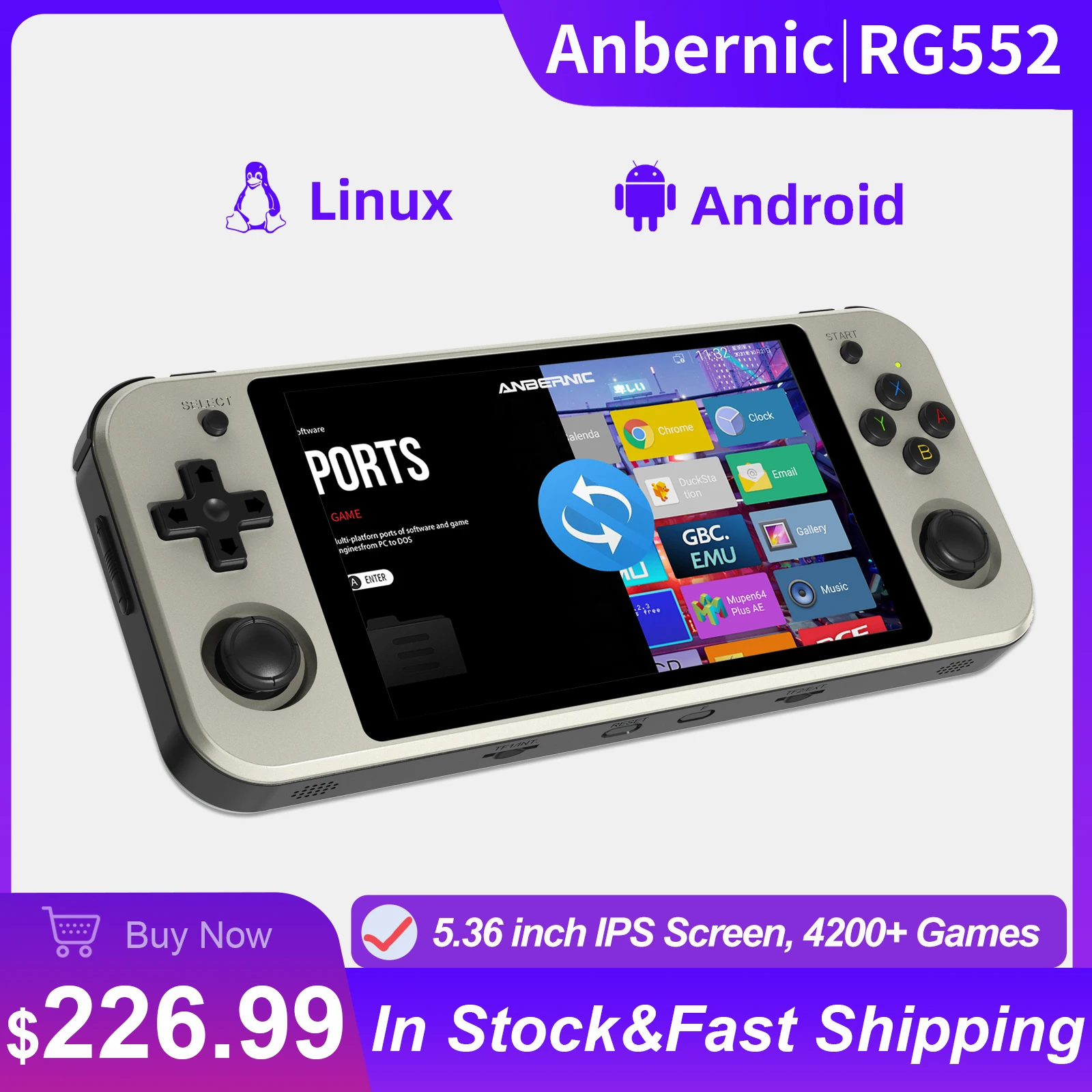 ANBERNIC RG552 Android ??????????? ??????? SS DC 4200 + ????? ???? 5,36 ?????? IPS ????????? ????? RK3399 6 ???? Linux ??????????? ??????? ?????