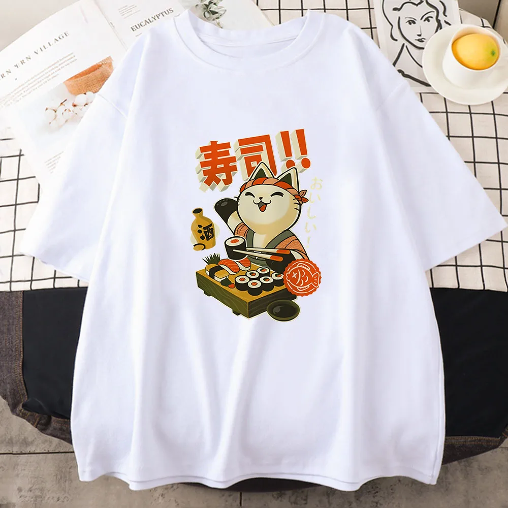 Ukiyoe Kanji Cat футболка в японском стиле хлопковая женская высокого качества с