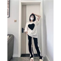 european and american high street short sleeved t shirt womens high waisted wide leg pants womens two piece pants suit