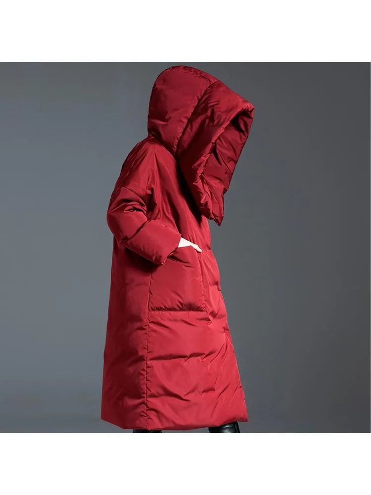 High-End 2022 Winter Fashion Big Hooded  Black Long 90 White Duck Down Coats Women Loose Soft Warmer Bread Cloth Jackets