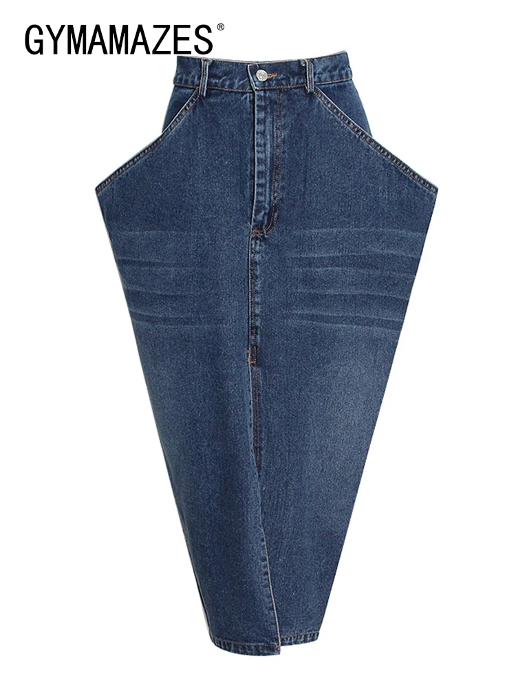 

GYMAMAZES Patchwork Oversized Pockets Skirt For Women High Waist Split Denim Bodycon Skirts Female Vintage Slim Clothing Autumn