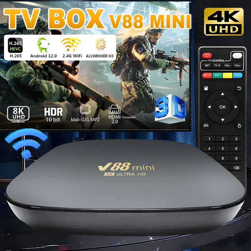 

V88 Mini Smart TV Box Android 12 Internet TV Set-top Box Quad Core 2.4G WIFI HDMI 2.0 RJ45 Media Player 1GB RAM 8GB ROM