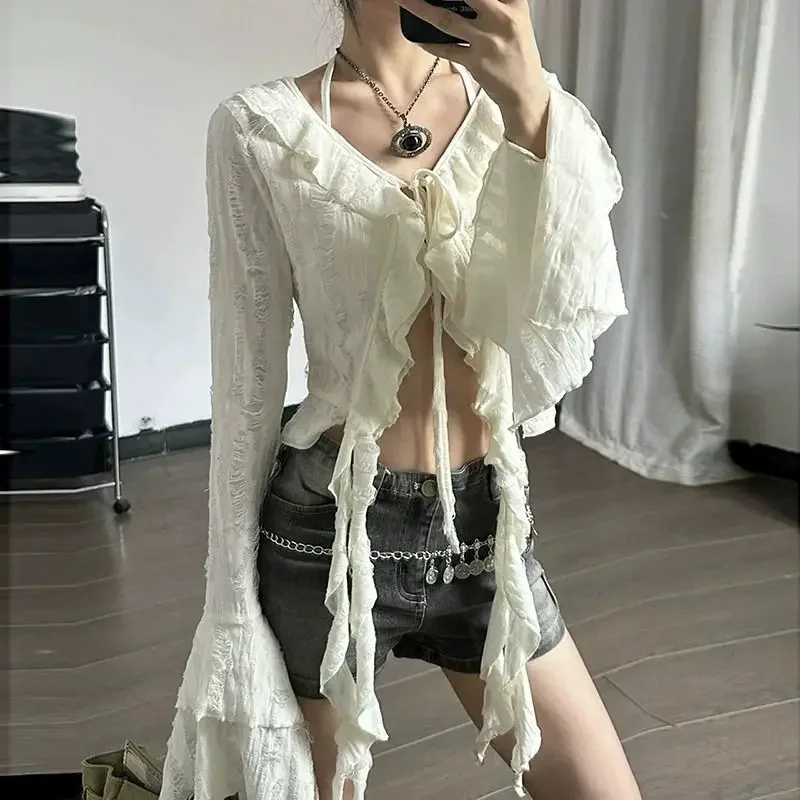 Y2K ажурные женские блузки корейские элегантные топы с расклешенными рукавами и