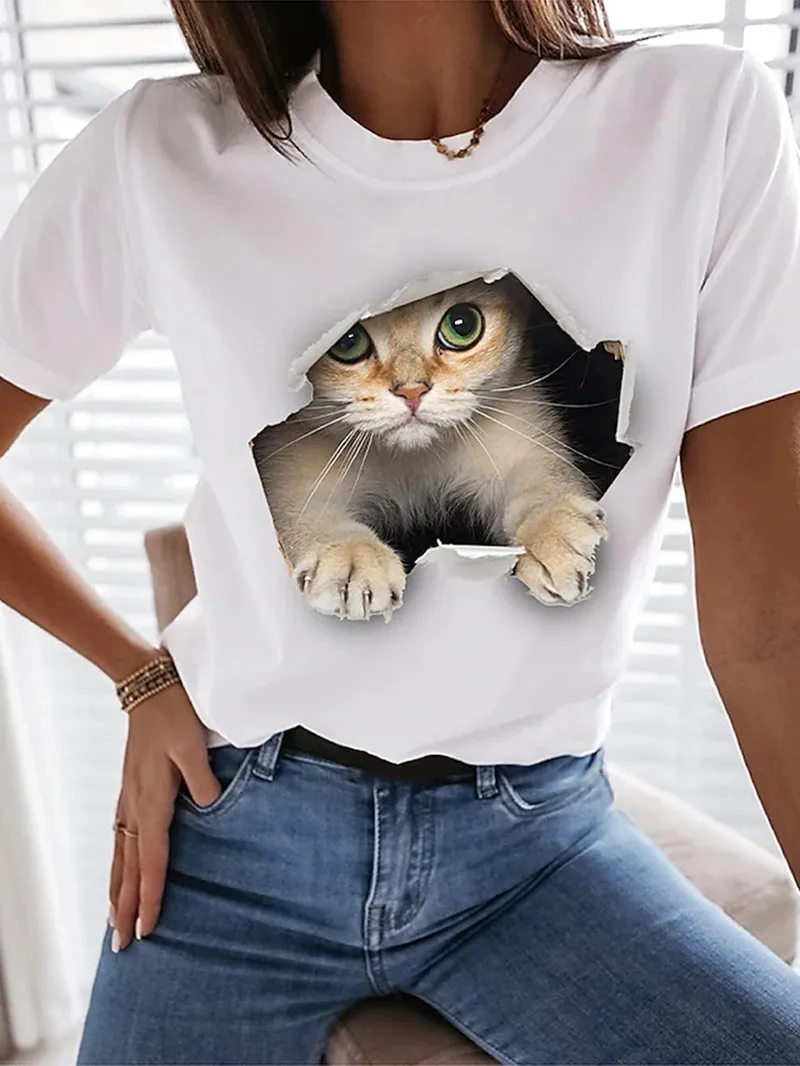 

Women's T-Shirt T-Shirt Cat 3D Casual Weekend 3D Cat Painting T-Shirt T-Shirt Short Sleeve Print Crew Neck Basic