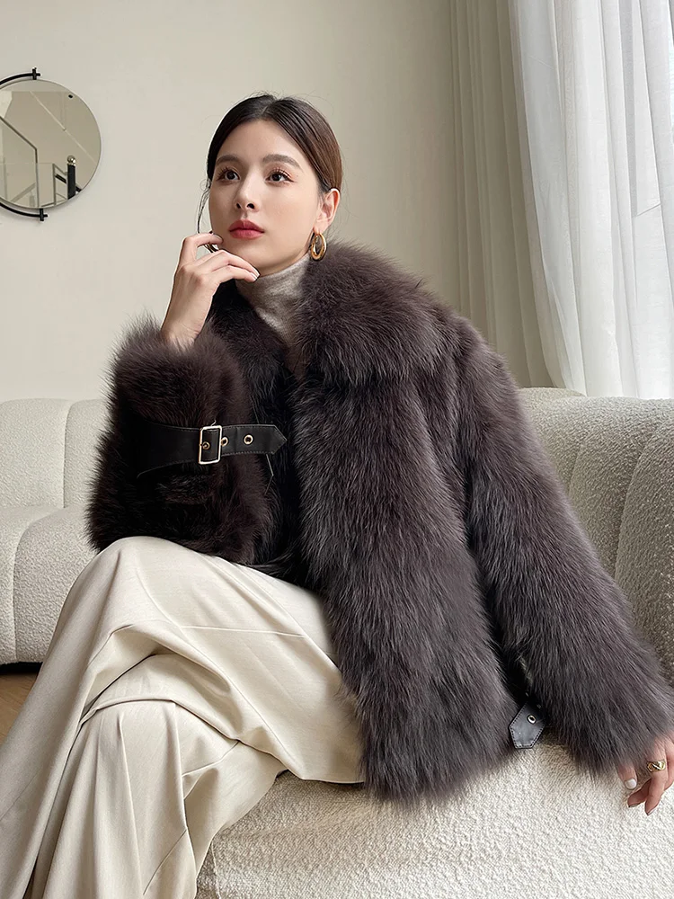 New Women Real Fox Fur Coat Autumn Winter Luxurious Fashion Goose Down Liner Fox Belly Fur Jacket Young Double-faced Fur Coat