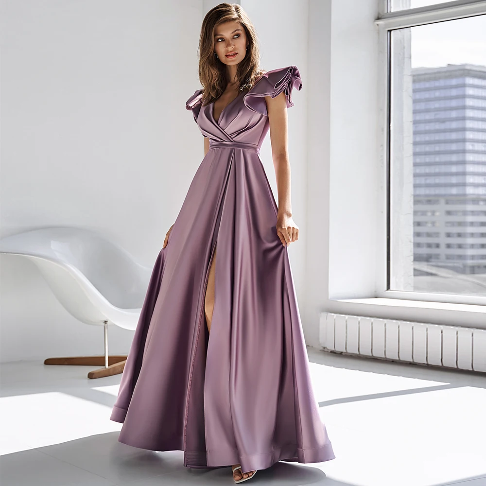 

A-line Satin Prom Dresses 2022 Long Elegant V-neck Pleated Evening Gown Sleeveless Draped Formal Party Dresses for Ladies