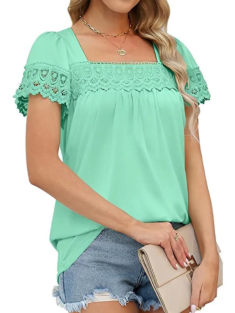 

Футболка женская однотонная с квадратным вырезом, модный элегантный пуловер с коротким рукавом, топ, Повседневная рубашка оверсайз, на лето