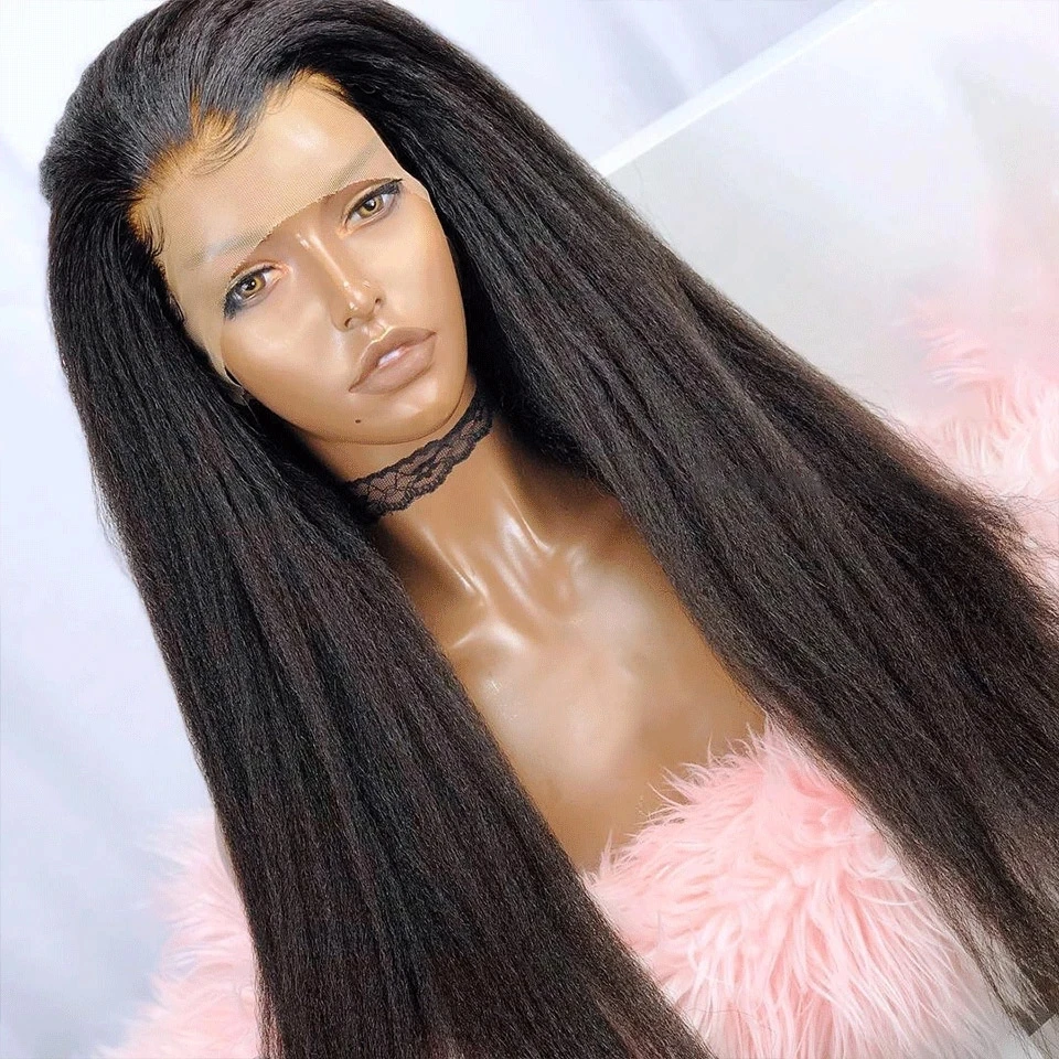 

High Density Synthetic Gluless Yaki Straight Lace Front Wigs T Part Heat Resistant Fiber Kinky Natural Hair PrePluck Headband