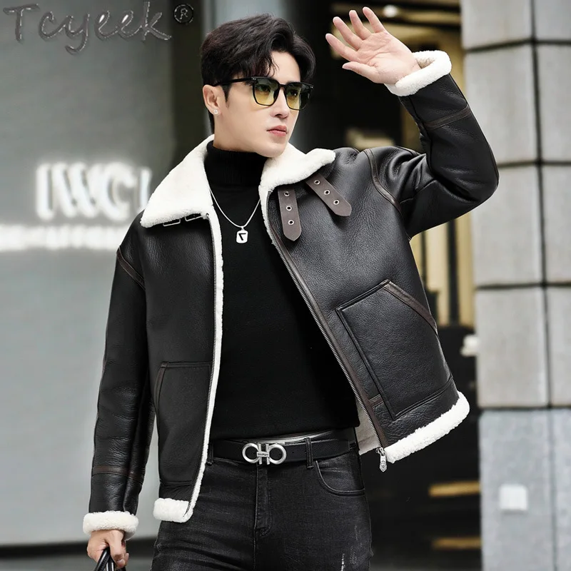 Мужская куртка из натуральной кожи Tcyeek теплая мотоциклетная шерсти зимняя