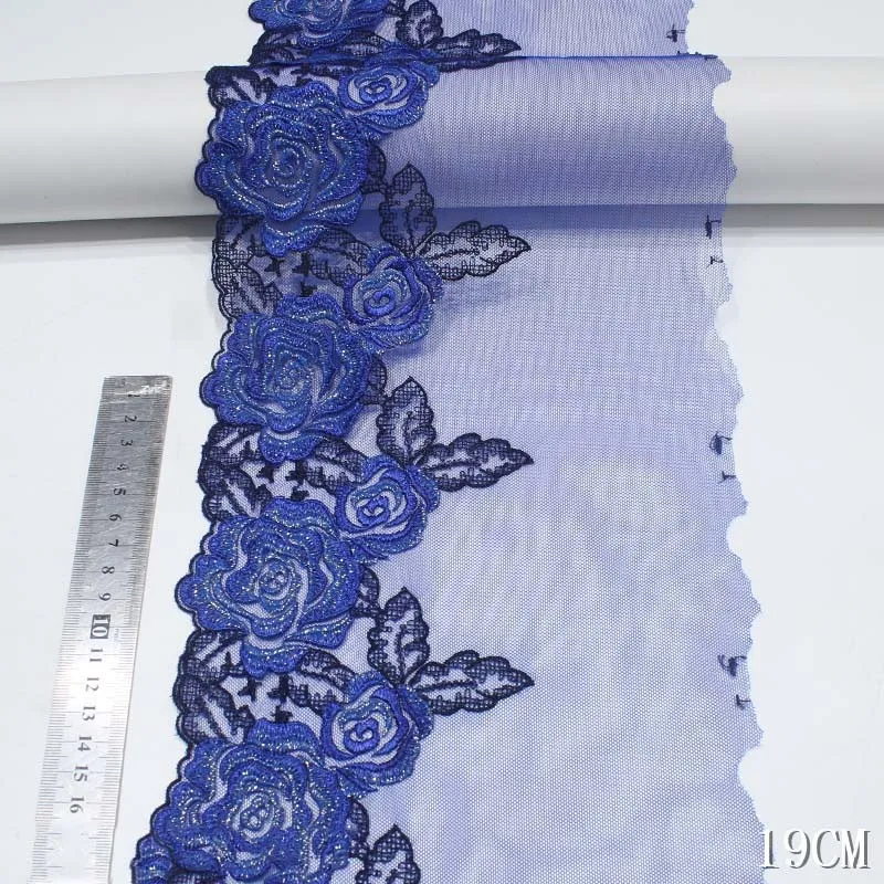 

30Yards Glitter 19cm Fancy Royal Blue Rose Floral Embroidery Lace Fabric Polyester 3D Flower Embroidered Lace Ribbon