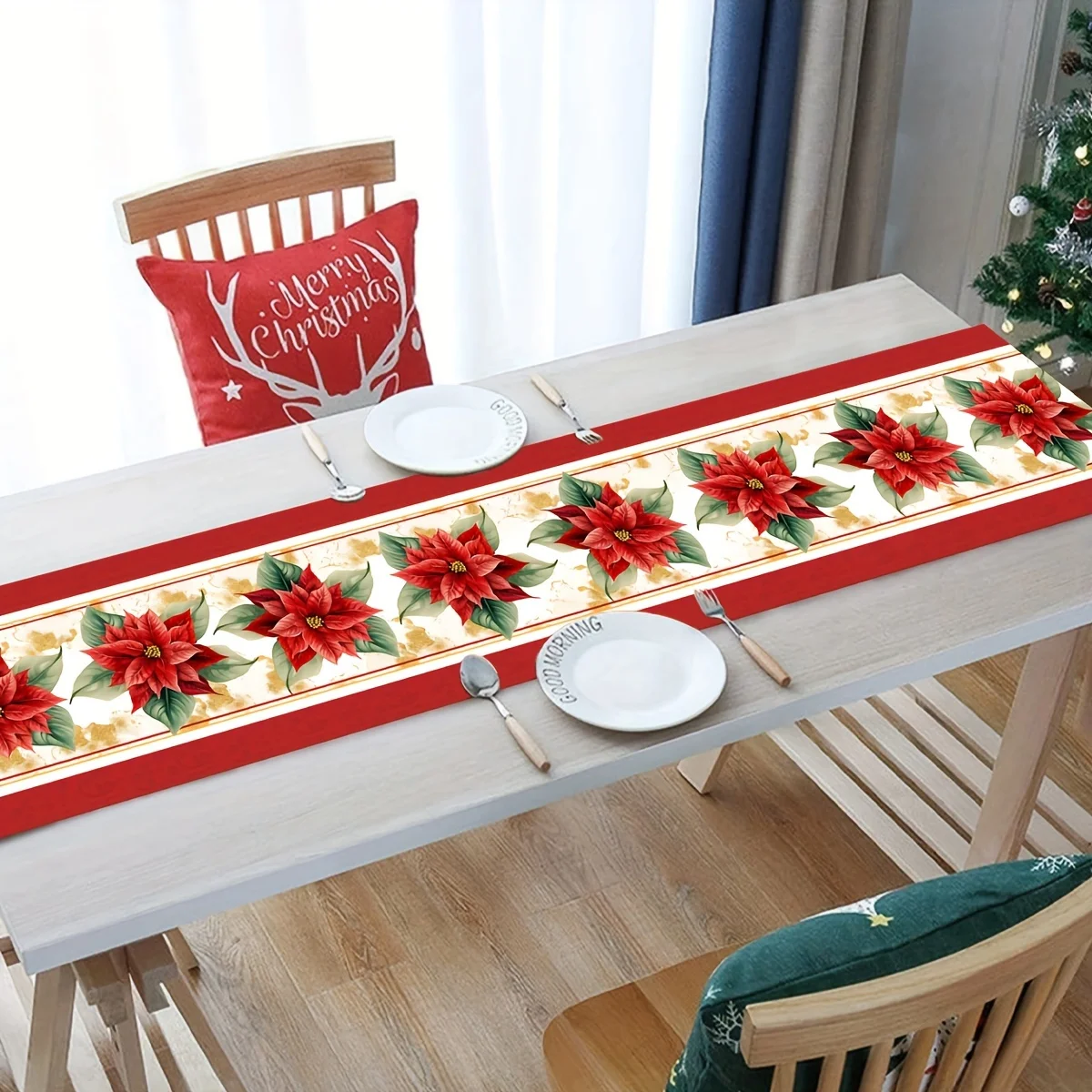 Рождественские цветы пуансеттии льняная дорожка для стола комод шарф