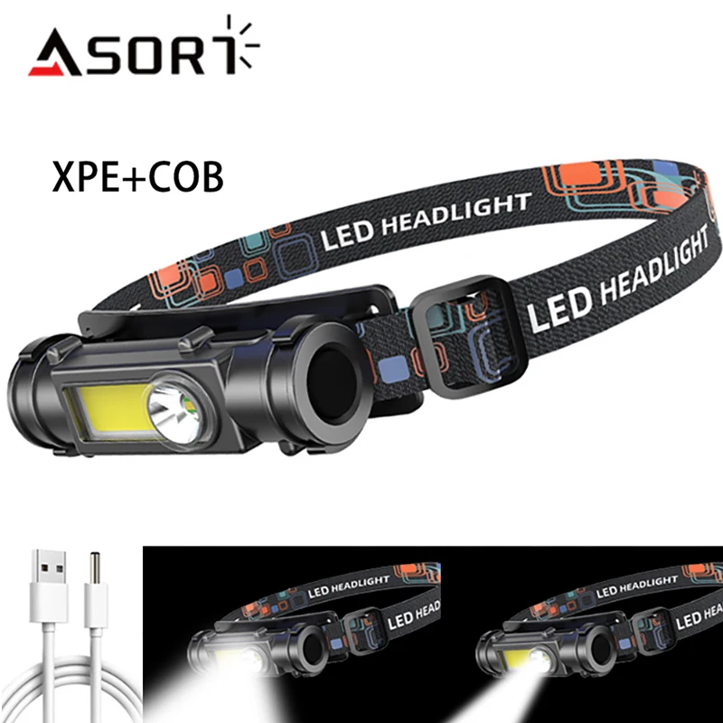 Fishing LED Headlamp Portable Head Flashlight Powerful Headlight With 18650 Battery USB Rechargeable Lamp Waterproof XPE+COB