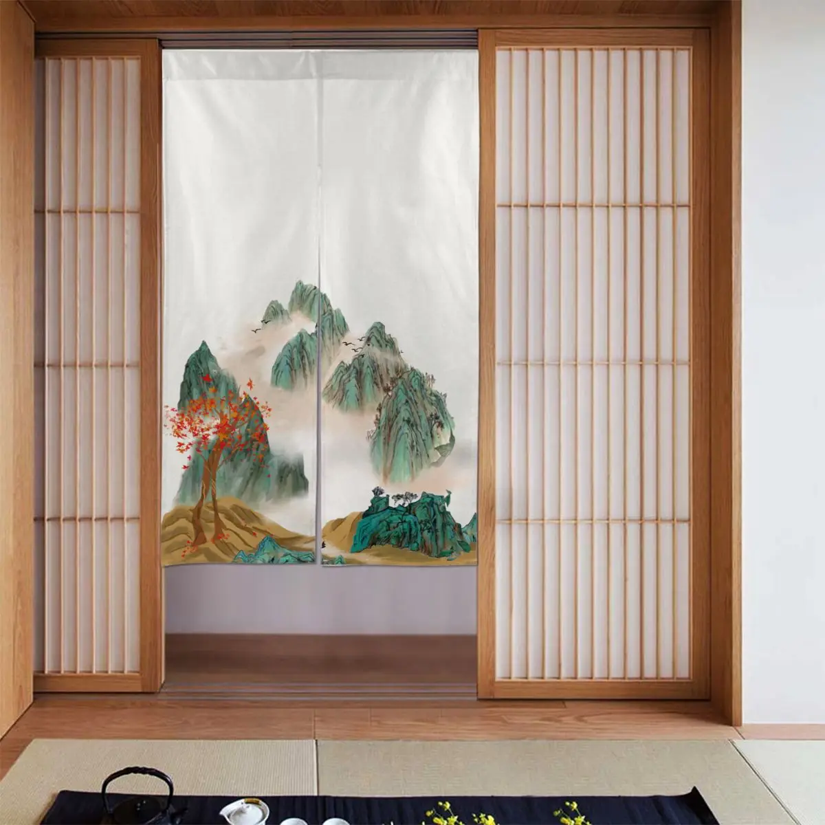 

Ink Chinese Painting Japanese Door Curtain Peach Trees Blackout Curtains Cotton Linen Painted Noren for Partition Coffee Gift