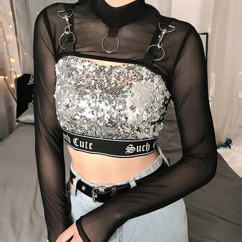 E-girl Готическая гранж сетчатая Прозрачная Футболка с металлической цепочкой