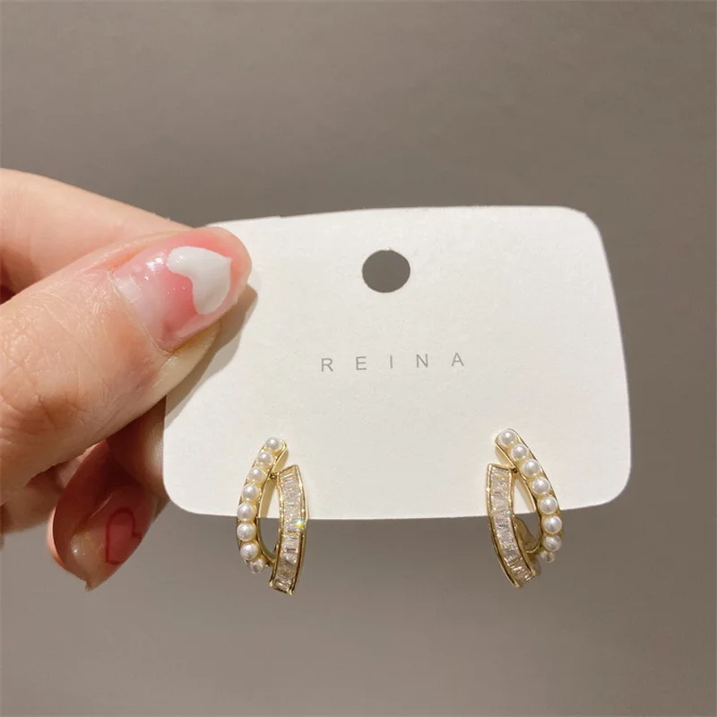 Модные серьги-гвоздики с жемчугом и кристаллом циркония для женщин девушек