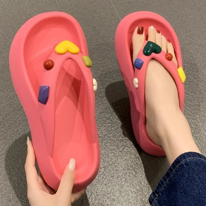 Women Love Gems Decor Beach Slippers Sweet Casual Flip Flops Summer Platform Outdoor Non-Slip Soft EVA Slides Fashion Home Shoes