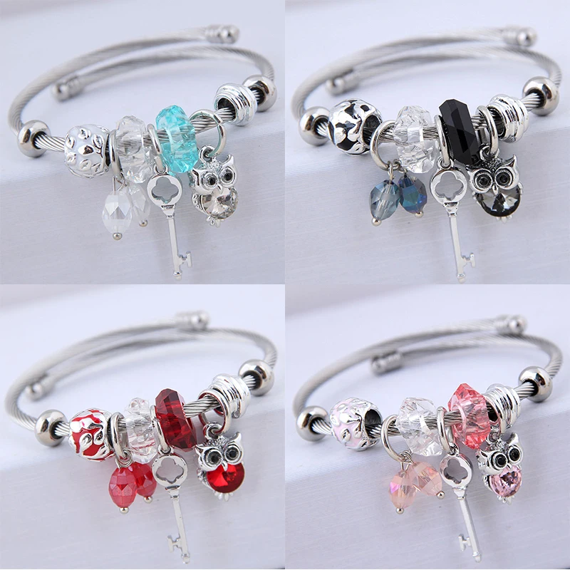 

Cute Girls Women Stainless Steel Owl Pink Red Beaded Cuff Adjustable Bracelet Bangle Jewelry