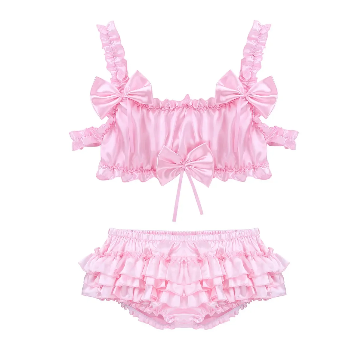 

Men Sissy Satin Lingerie Set Ruffled Frilly Straps Wire-free Bra Top With Bloomer Tiered Skirted Panties Male Sexy Underwear