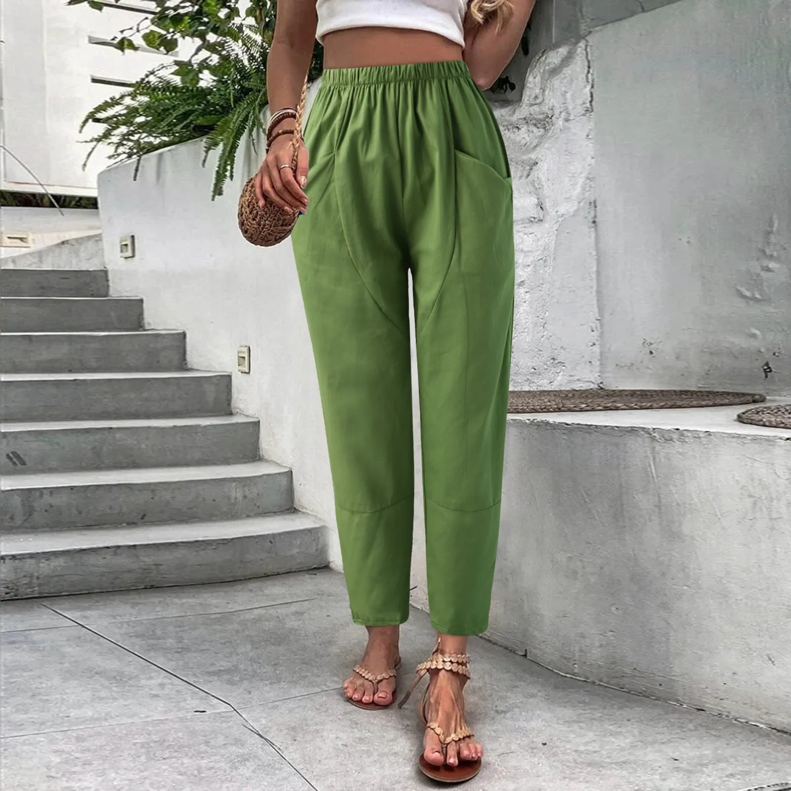 

Summer Casual Cropped Trousers Solid Color Pants Elastic Pantalettes Loose Breathable Women Pants Vacation Holiday Pantalon New
