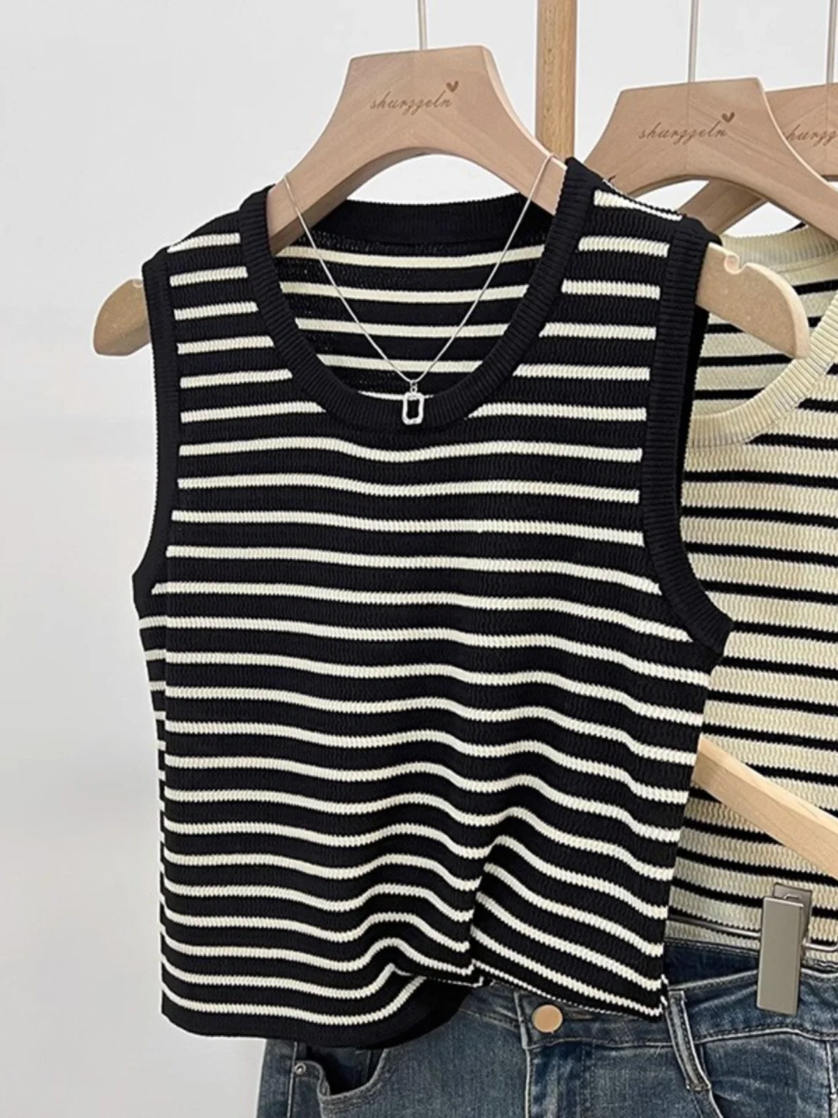 French sle Knitted Stripes Cami Women Inner wear Summer Outer Wear Plus size Chubby Girl Wide Sleeveless Ice Silk Base...