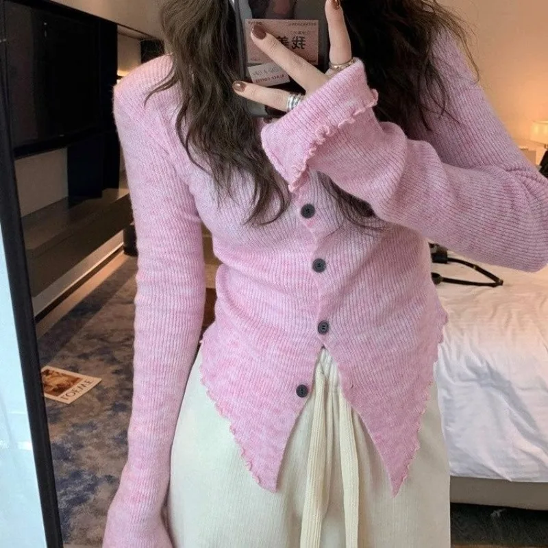 Y2k серый винтажный женский Кардиган с длинным рукавом в стиле Харадзюку