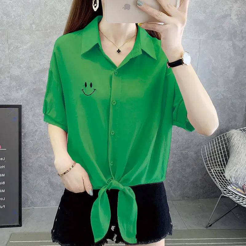 

Fashion Printed Cartoon Lapel Bandage Button Loose Chiffon Shirt 2022 Summer New Casual Tops Loose Commute Women Clothing Blouse