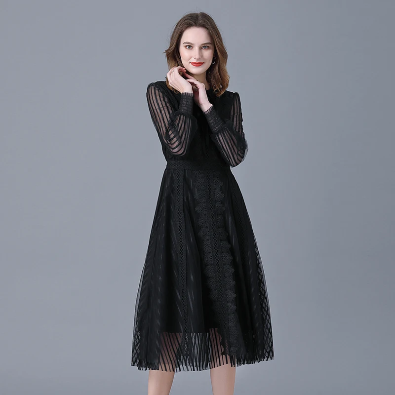 Plus Size Women Lace Dresses Bottomed All Seasons European and American Fashion New Temperament Black with A-word Casual Dress