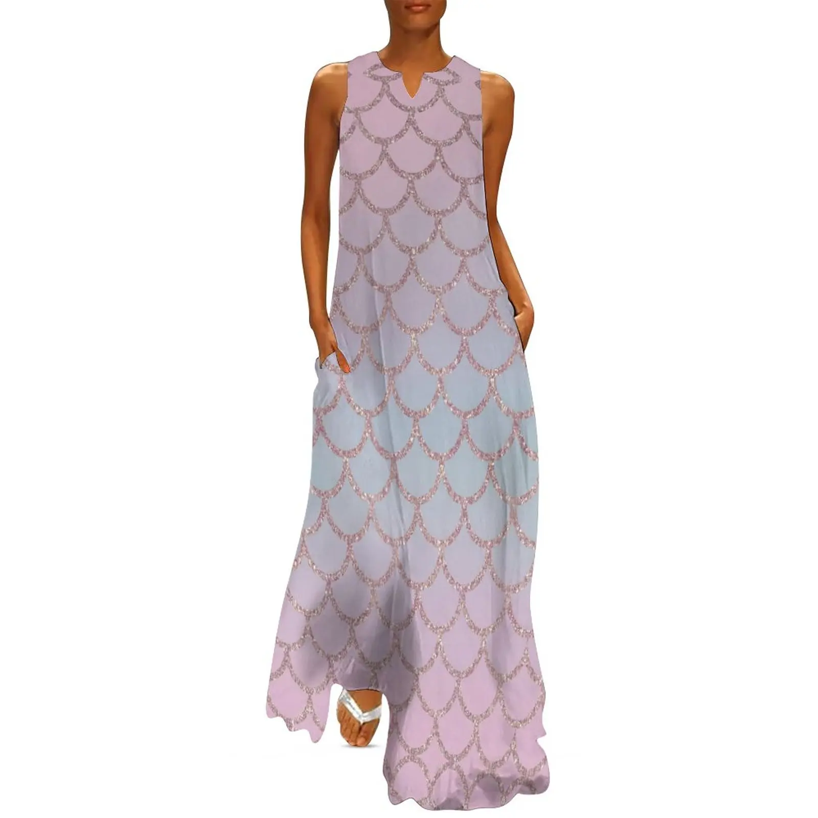 

Mermaid Scales Print Dress Summer Korean Fashion Boho Beach Long Dresses Female Graphic Kawaii Maxi Dress Big Size 4XL 5XL
