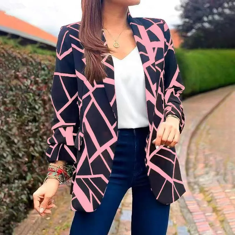 2023 Women Blazer Spring Autumn Fashion Basic Geometrical Print Coat Long Sleeve Cardigan Female Clothing Causal