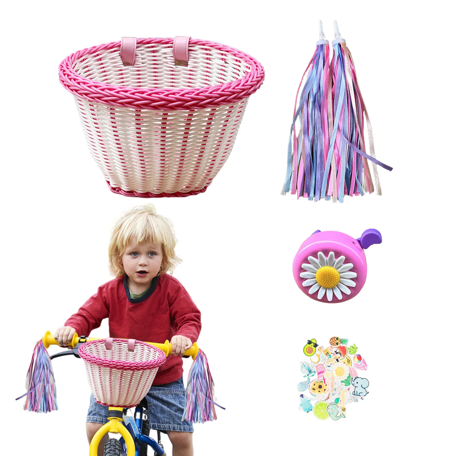 

Детская велосипедная корзина, передняя корзина, колокольчик, кисточки, наклейки для детей, для девочек, велосипедные ленты, Мультяшные наклейки, велосипедная корзина