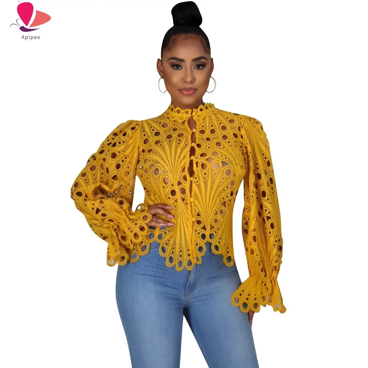 

2023 New Elegant Long Sleeve Hollow Out Mesh Lace Shirt Sheer See Through Top Blouse Clothing Dashiki African Shirts For Women