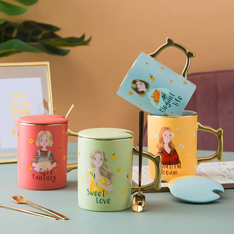 

Korean little girl gold handle creative ceramic coffee cup spoon lovely cup gift for girl friend's mother