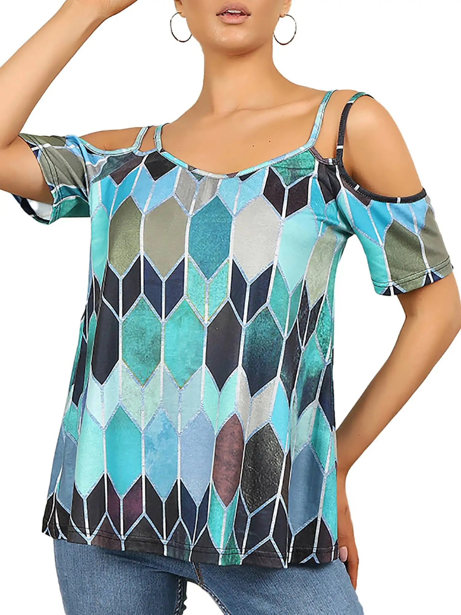 

Women's Summer Off-Shoulder Sling Tops Geometric Print Ladies Short Sleeve Color Block Vest Casual Female Classic Tops 2022