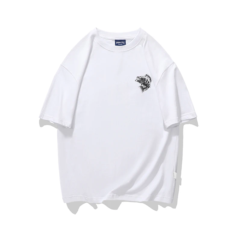 

2023 Summer New 100% Cotton White Brocade Carp Print T Shirt Men Causal O-neck Basic T-shirt Women High Quality Classical Tops
