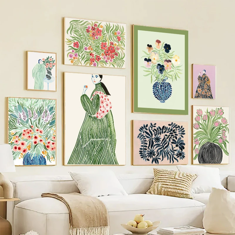 Ваза с тюльпанами и огнями Женское пальто цветочные плакаты зеленые абстрактные