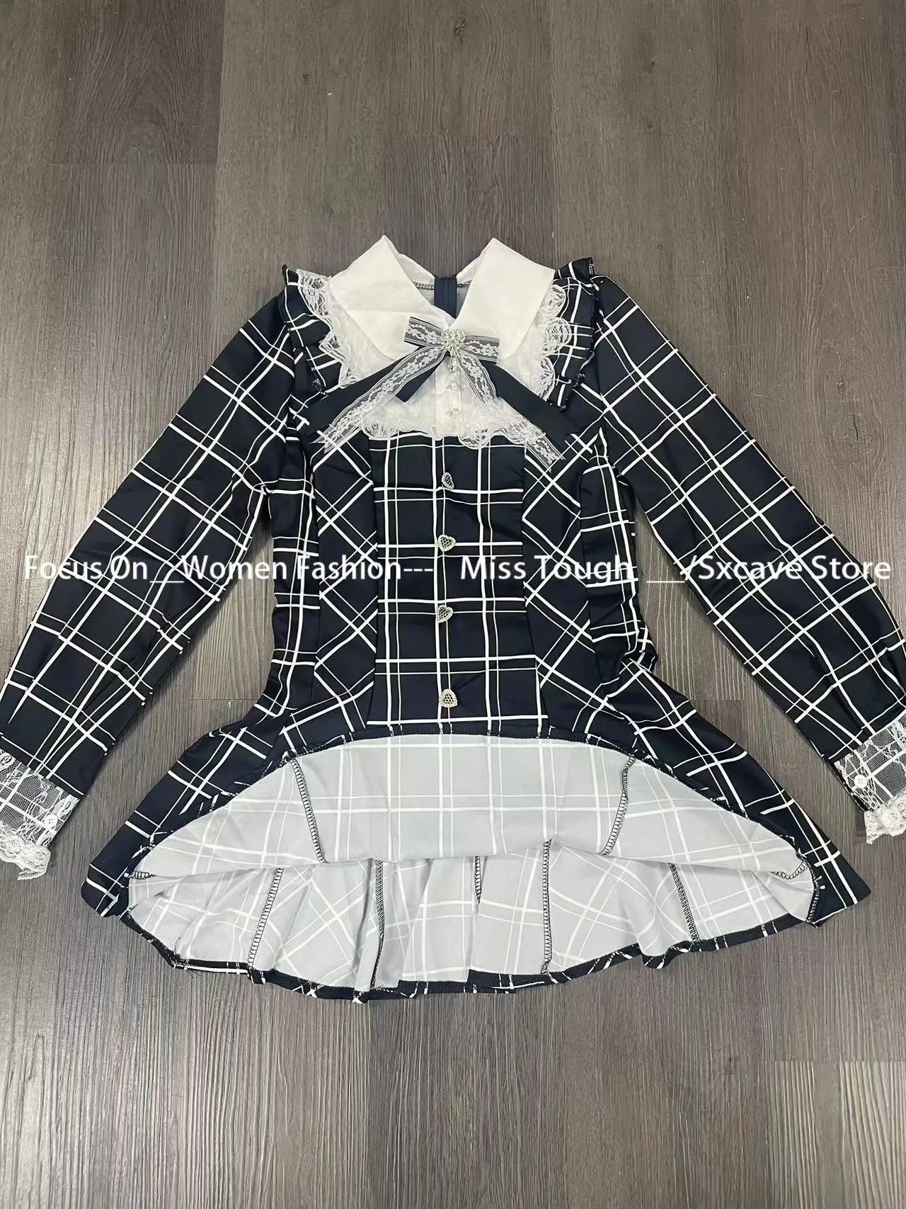 Фото Черные клетчатые платья Harajuku Sweet Bow, универсальное облегающее платье Kawaii Lolita для женщин, осеннее новое платье с длинными рукавами, Vestidos De Mujer №5